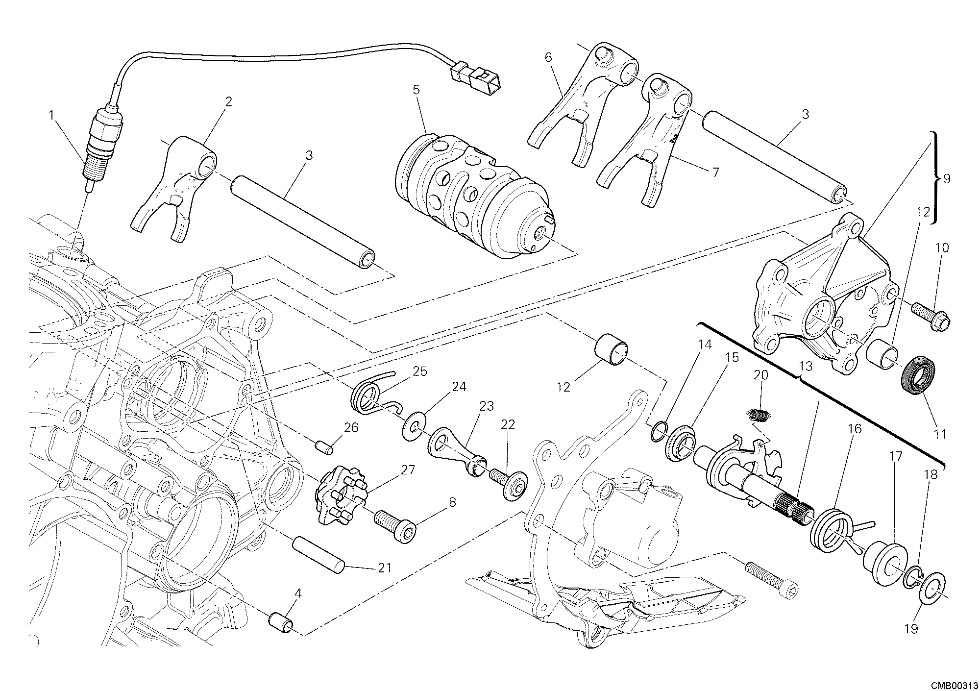 002 TAMBOUR CHANGEMENT VITESSE FOURCHETTE POUR SUPERBIKE 1199 PANIGALE S TRICOLORE 2012